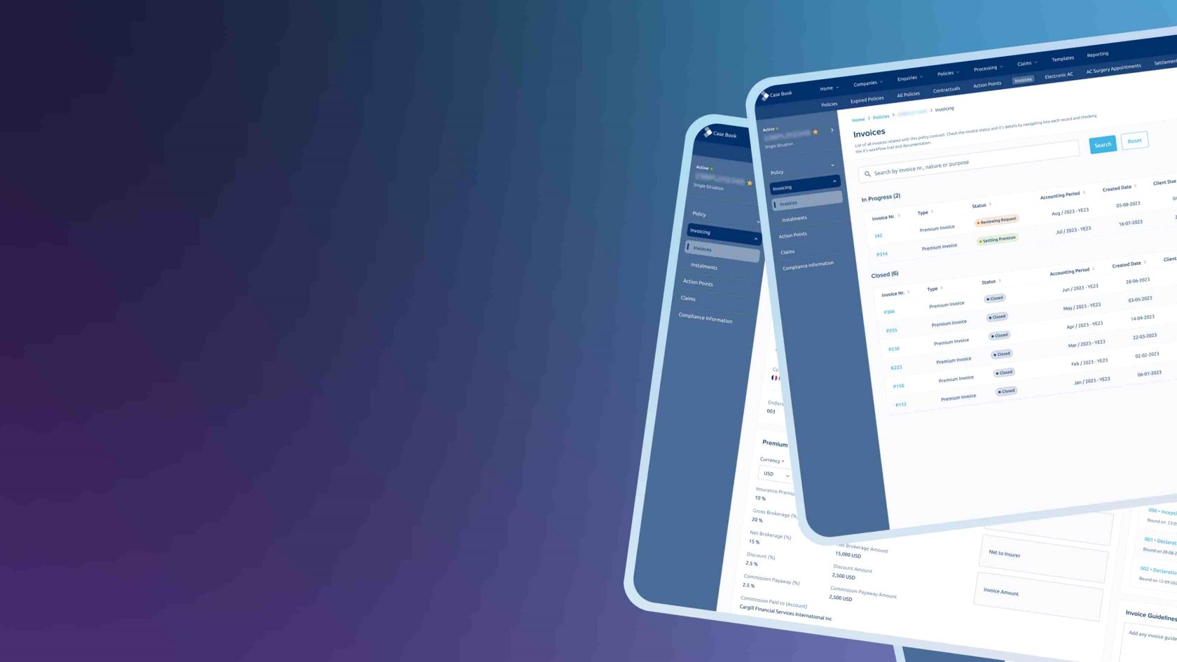 Insurance Policy Management System built on OutSystems by Axians — desktop view showing invoice management, premium breakdown and policy lifecycle tracking dashboard