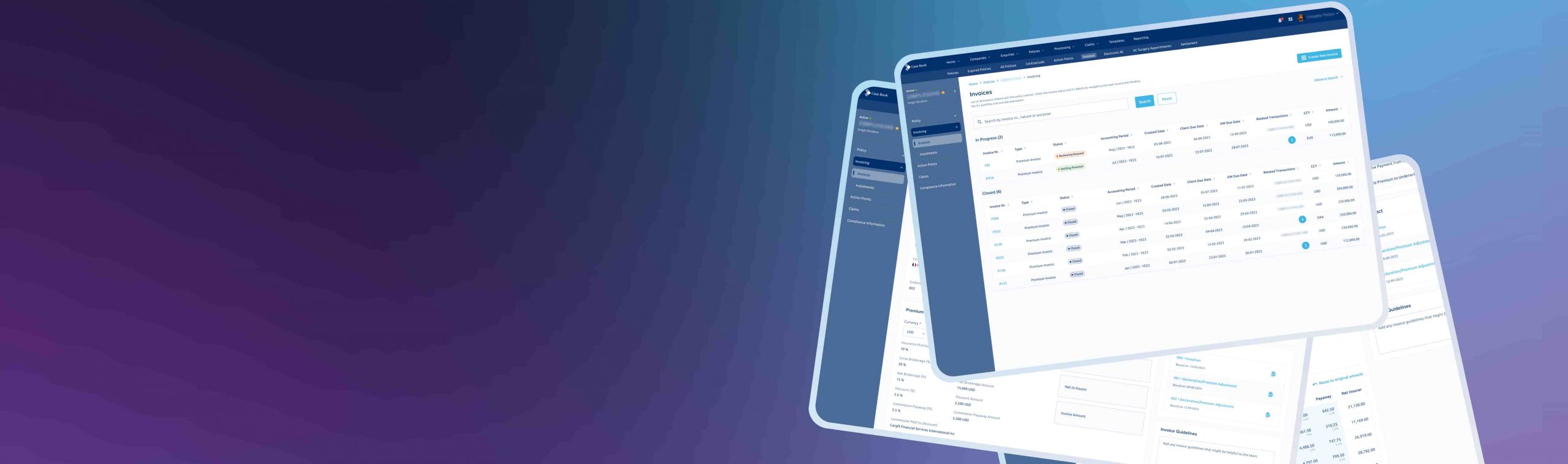Insurance Policy Management System built on OutSystems by Axians — desktop view showing invoice management, premium breakdown and policy lifecycle tracking dashboard