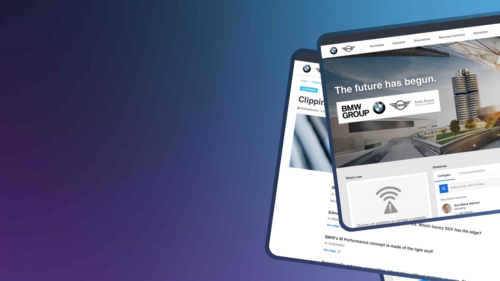 Dealer portal software built for BMW Portugal, showing the homepage, employee directory and document library