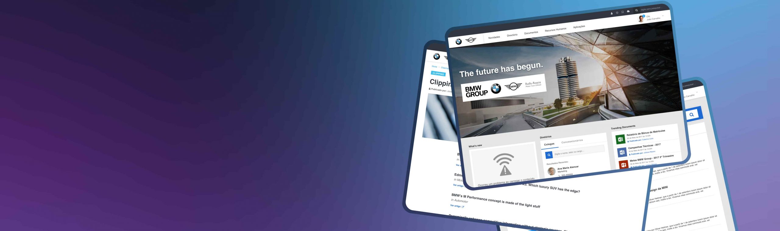 Dealer portal software built for BMW Portugal, showing the homepage, employee directory and document library
