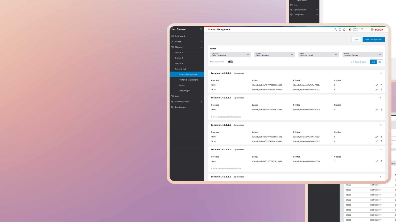Skilinx industrial platform interface on OutSystems, showing Bosch's printer management and workstation modules for manufacturing technologies.