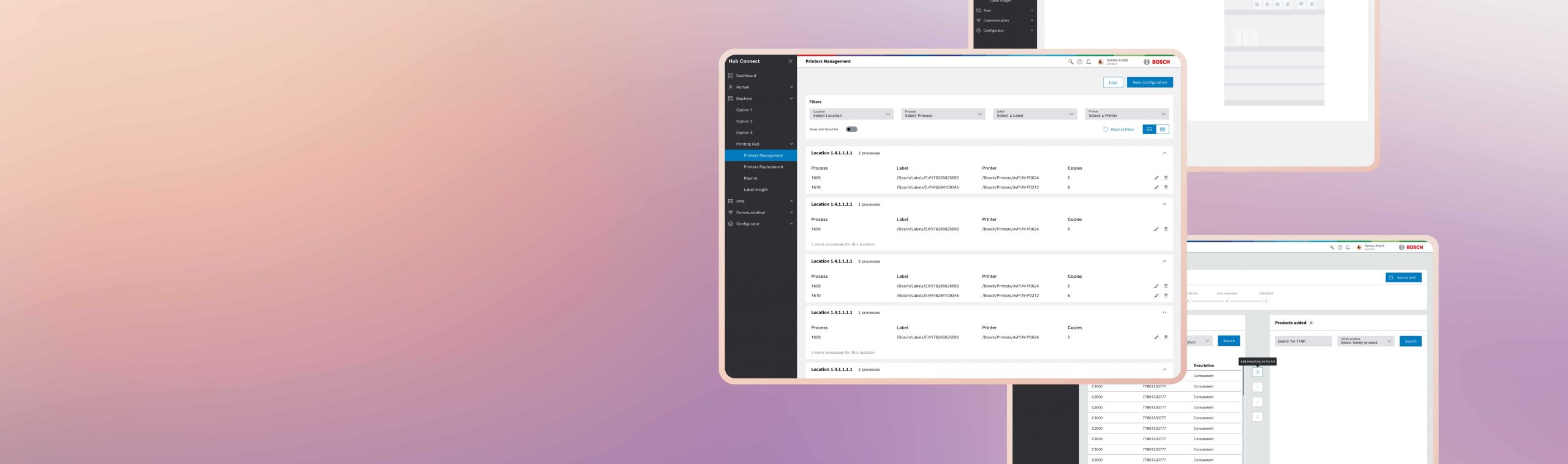 Skilinx industrial platform interface on OutSystems, showing Bosch's printer management and workstation modules for manufacturing technologies.