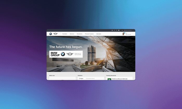 Animated preview of the BMW Portugal dealer portal on OutSystems, cycling through the homepage and an internal news page