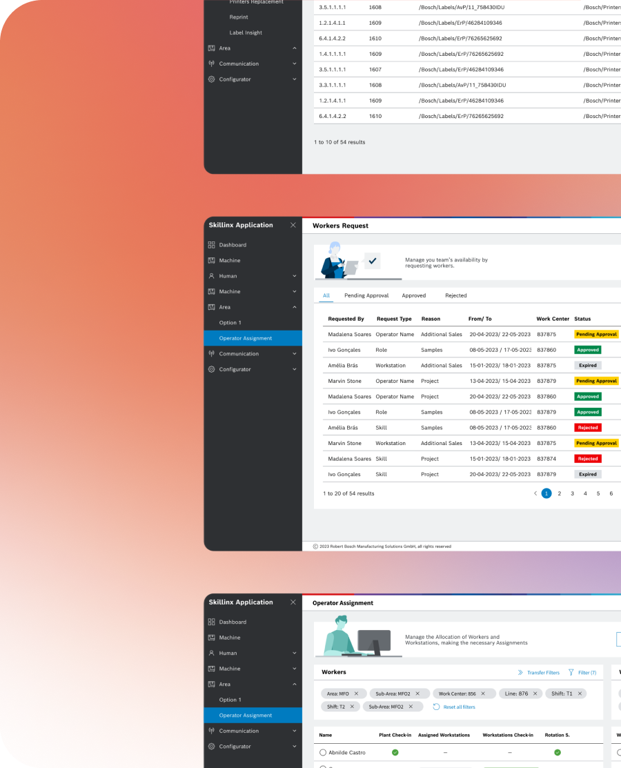 Skilinx OutSystems Modules – Printer Labels & Operator Assignment | Axians Bosch Case Study Screenshot of Skilinx OutSystems modules for printer labels, worker requests and operator assignment at Bosch