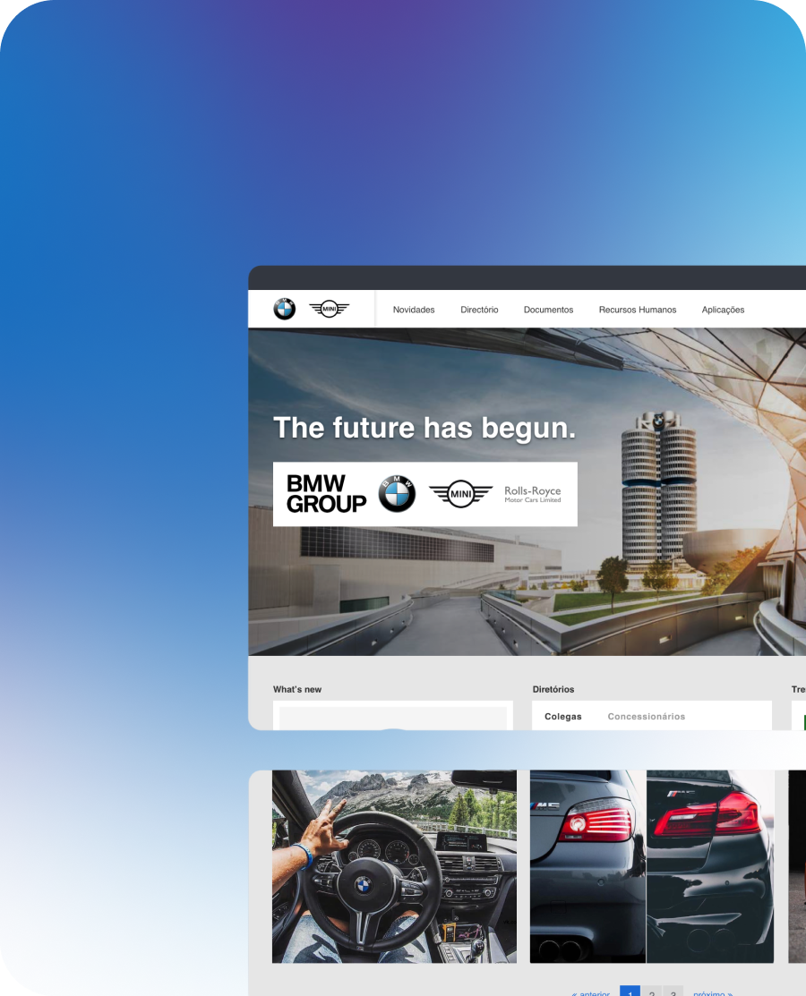 Screenshot of the BMW Portugal dealer portal built on OutSystems, showing the homepage navigation and employee/dealership directory tabs